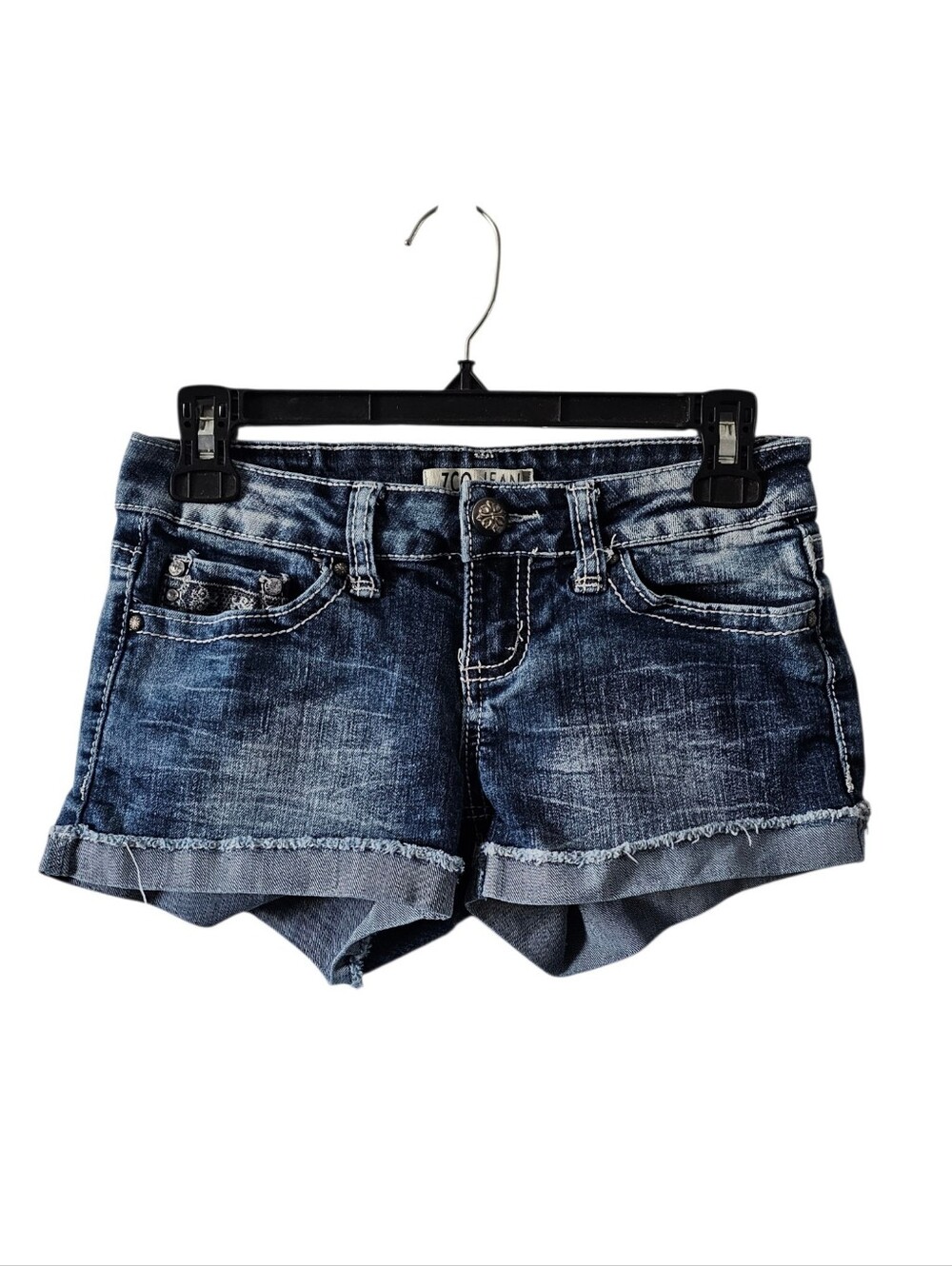 ZCO Vintage Y2K Jean Shorts 3 Low Rise Embellished Cuff McBling Dark Wash